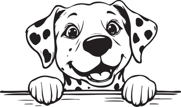 Cute Dalmatian Dog Peeking Over Border Vector Illustration. Happy Puppy Face with Paws, Cartoon Line Art for Children.