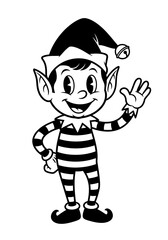 Obraz premium Retro black and white Christmas elf mascot waving hand flat illustration
