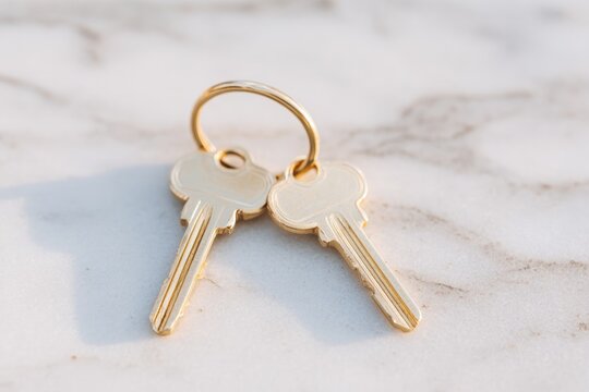 Shiny gold keys resting on light marble surface, reflecting soft