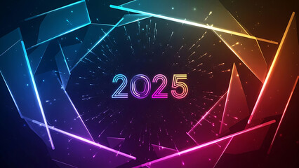 Happy new year 2025 geometric abstract background with festive colorful lights
