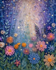 A stunning display of colorful flowers in a magical garden, illuminated by soft, glowing lights. This captivating scene brings nature to life with vibrant hues.