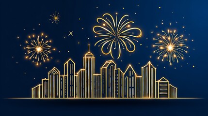 A stunning skyline featuring glowing outlines of skyscrapers against a dark blue background, enhanced by colorful fireworks lighting up the night sky.