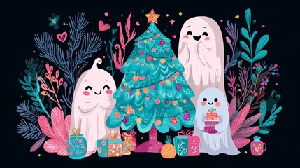 A whimsical illustration featuring cute ghosts celebrating Christmas with a beautifully decorated tree and colorful gifts, surrounded by festive foliage.