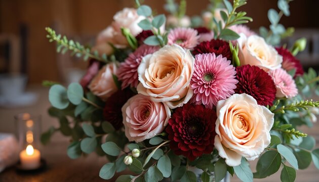 Vibrant flower bouquet with pink roses, red dahlias, and white gerbera daisies. Elegant floral arrangement on rustic wood table, lit by soft candle light. Perfect for weddings and celebrations.