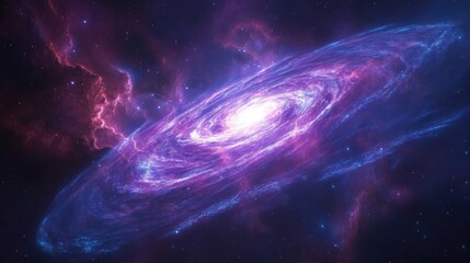 bright galaxy core with swirling star clusters, deep space background in purple and blue