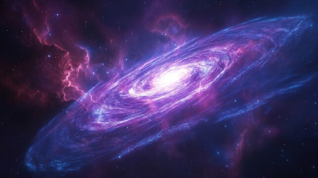 bright galaxy core with swirling star clusters, deep space background in purple and blue