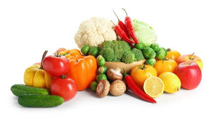 Different fresh raw vegetables and fruits isolated on white