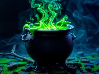 Witch's cauldron bubbling with green potion and swirling mist, Halloween, witch