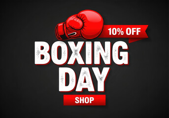 Boxing day promotion banner with red boxing glove and ribbon offering 10 percent off on dark background competition