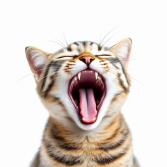 Obraz premium Close up of a yawning tabby cat with mouth wide open isolated on white background