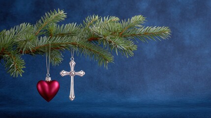 Christmas tree branch adorned with heart and cross ornaments under a blue background