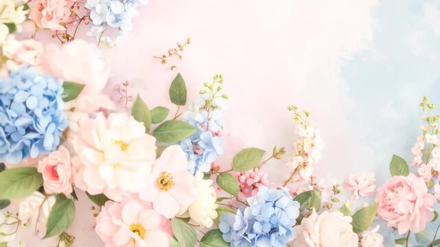 A dreamy floral arrangement with pastel hues, featuring roses, hydrangeas, and delicate blossoms