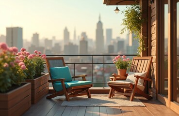 Obraz premium Two wooden chairs on a balcony overlook cityscape at sunset. Potted pink flowers add color to the outdoor seating area, suggesting peaceful relaxation with urban views. A quiet, sunny spot.