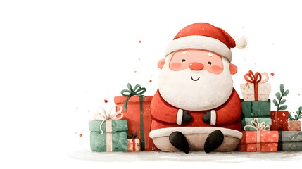 Cute Santa illustration surrounded by gifts in a warm holiday scene
