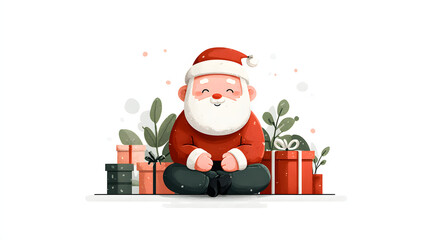 Cute Santa illustration surrounded by gifts in a warm holiday scene
