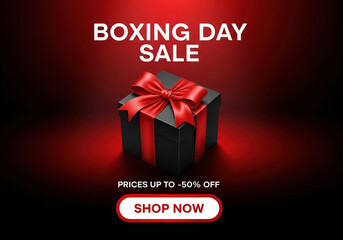 Boxing day sale promotion poster with black gift box and red ribbon, prices up to 50% off, shop now button