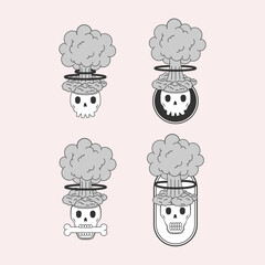 illustration of a skull with a mushroom cloud erupting from its head, symbolizing explosive thoughts or intense imagination. EPS 10.