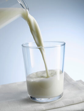 Milk or plant based milk being poured into a glass indoors