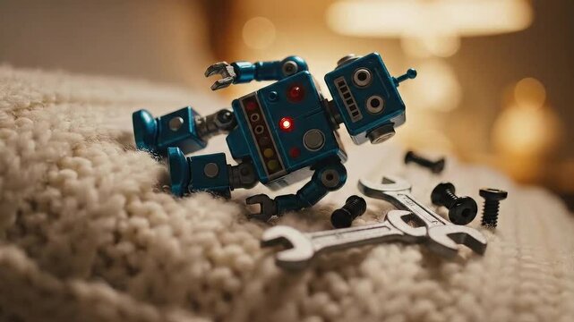 A vintage toy robot, broken with scattered parts and tools, symbolizes the hopeful journey of repair, mending, and restoring childhood memories