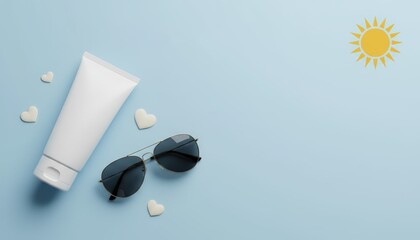 sunscreen banner concept featuring cream tube and sunglasses on blue background, yellow sun symbol top. skin care, sunscreen and sunglasses as essential accessories for summer relaxation