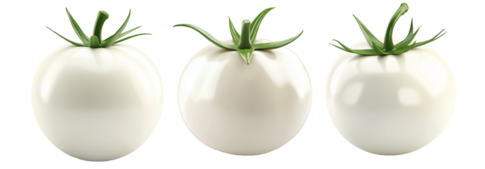 White tomato with a green stem isolated on white transparent background. Unique and rare vegetable concept, symbolizing genetic modification or rarity