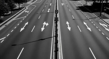 Asphalt Roadway With Directional Markings And Symmetric Design, Overhead Wide Shot