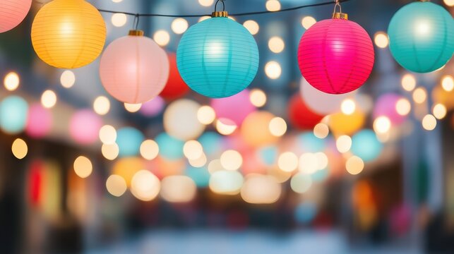 Colorful paper lanterns and bright bokeh lights creating a festive, joyful atmosphere at night with ample copy space