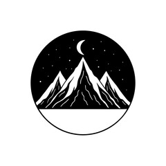 Mountains with moon and stars in circle on transparent background silhouette