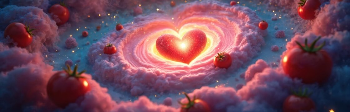 Red heart glows within swirling pink clouds surrounded by fresh tomatoes. Sparks of light float around this surreal scene. A symbol of love and healthy eating appears mystical.