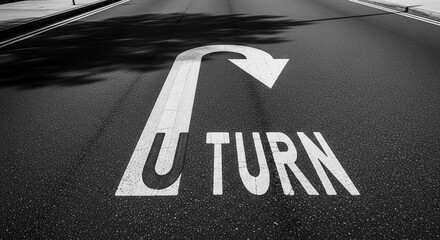 Asphalt U-Turn Road Marking With Directional Arrow Depicting Reversal in Black And White