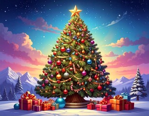 Animated Christmas tree surrounded by presents and snowy landscape