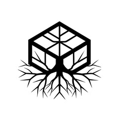 Cube tree with roots in black color on transparent background silhouette