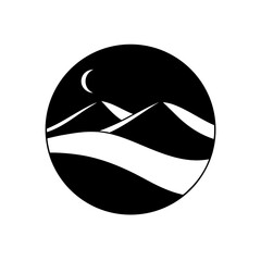Mountains and moon in a circle design on transparent background silhouette
