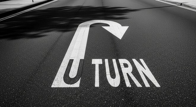 Asphalt U-Turn Road Marking With Directional Arrow Depicting Reversal in Black And White