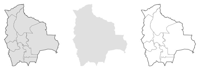 Bolivia map set outline, silhouette, and detailed regional borders. Ideal for geography, travel, education, country data, and Bolivia location projects.