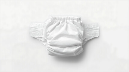 A white disposable diaper, unfolded and displayed against a plain white background, features elastic edges, a soft padded texture, and adhesive side tabs on both sides.