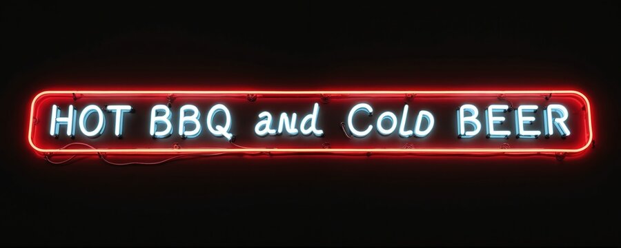Retro neon sign advertises HOT BBQ and COLD BEER. Bright blue letters glow within a red frame against dark background. Vintage eatery signage.