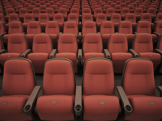Fototapeta premium Rows of plush red theater seats await moviegoers, promising an immersive cinematic experience with comfort and style, perfect for advertising.