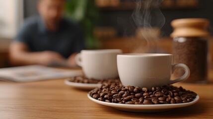 Two steaming cups of coffee rest on saucers filled with roasted coffee beans with a person reading in the blurred background of a cozy cafe