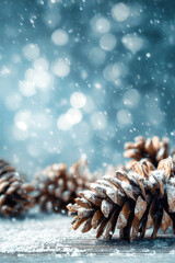 Pine cones lie covered in snow, surrounded by falling flakes and softly blurred lights, offering a serene winter scene ideal for holiday expressions