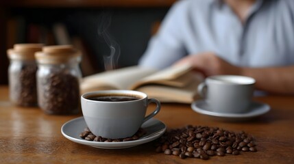 Steaming cup of coffee and coffee beans beside a person reading a book at a wooden table