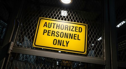 Authorized Personnel Only: Signage on a Metal Barrier in a Dimly Lit Area