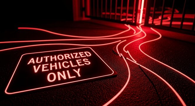 Authorized Vehicles Only: Neon Illuminated Sign With Glowing Lines In Red Hues - Powered by Adobe