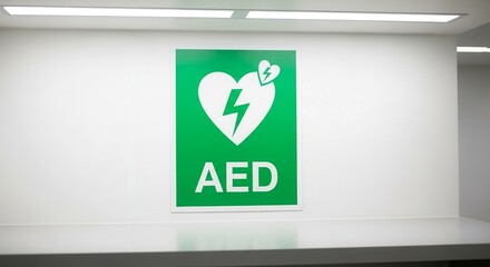 Automated External Defibrillator Signage Displayed on a Clean White Wall and Green Background