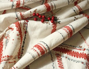 Draped fabric with red pattern & berries