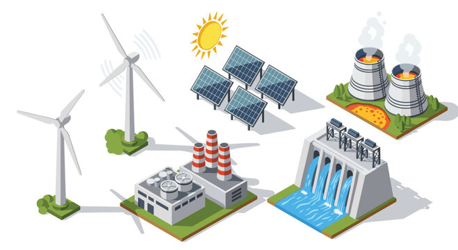 Sustainable future with wind turbines, solar panels, hydroelectric dam, and geothermal plant powering the world with clean energy sources