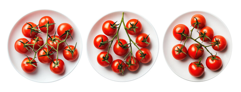 Ripe red cherry tomatoes on the vine placed on white plate against isolated on transparent background. Concept of fresh organic vegetables and healthy eating