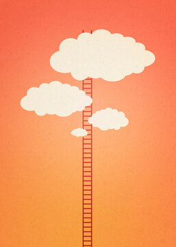 Ladder staircase leads through clouds in a surreal motivational illustration