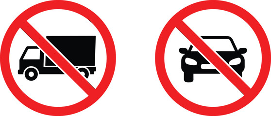 Two red prohibition traffic signs showing no trucks and no cars allowed isolated on white background for road safety and transportation rules vector art design © Tanjimul