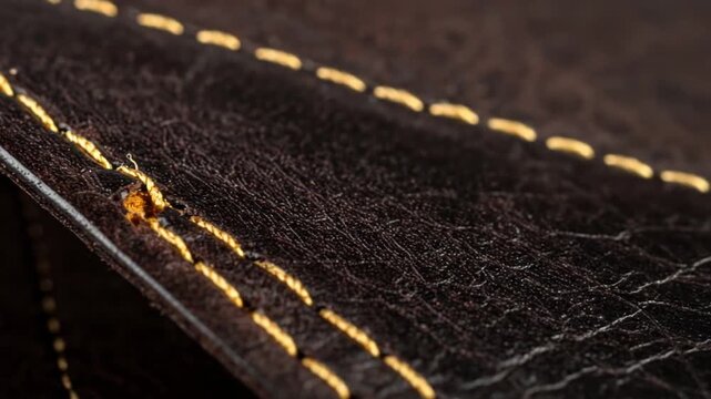 Close-up of richly textured dark brown material with contrasting gold stitching, highlighting details